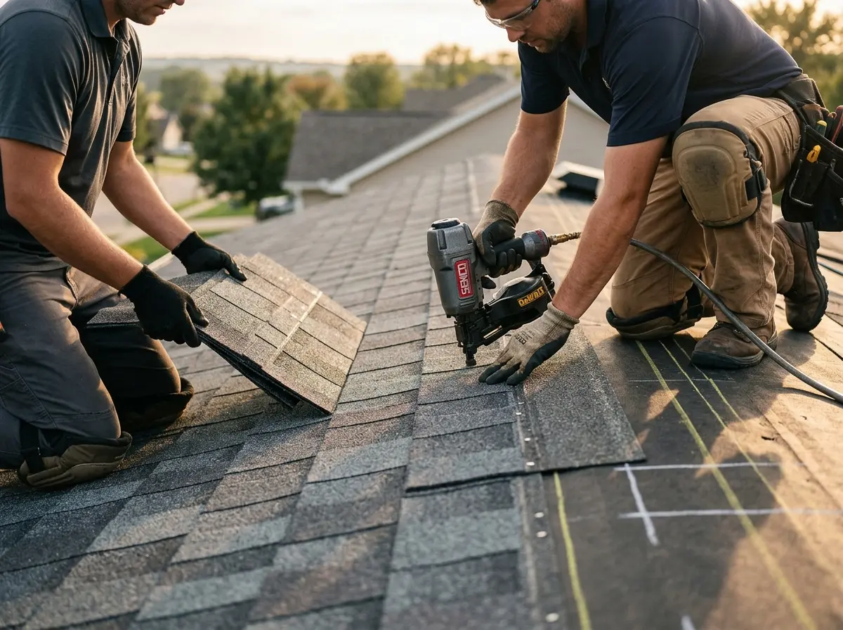 Professional roofer working on a residential roof in Palmetto Bay